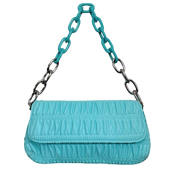 NWOT HOW WE FASHION 2.0 House of Want Baby Blue Shirring Chain Shoulder Baguette - Picture 8 of 13